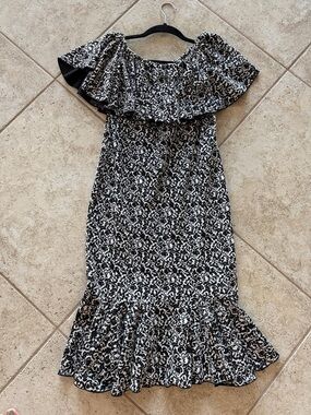 LuLaRoe Cici Black and White One-Shoulder Ruffle Midi Dress - like new!